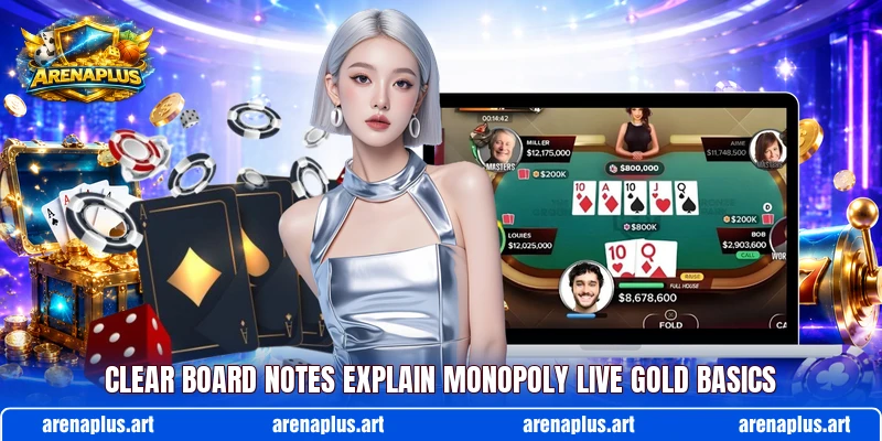 Clear board notes explain Monopoly Live Gold basics