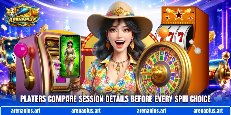 Players compare session details before every spin choice